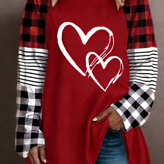 Plus Size - Plus Size - A Women'S Casual Long-Sleeve T-Shirt Featuring a Heart-Shaped Design, Made from Fabric, with a Round Neck Style, Part of The Autumn And Winter Collection, Available in Large Loose Sizes from 0XL to 9XL