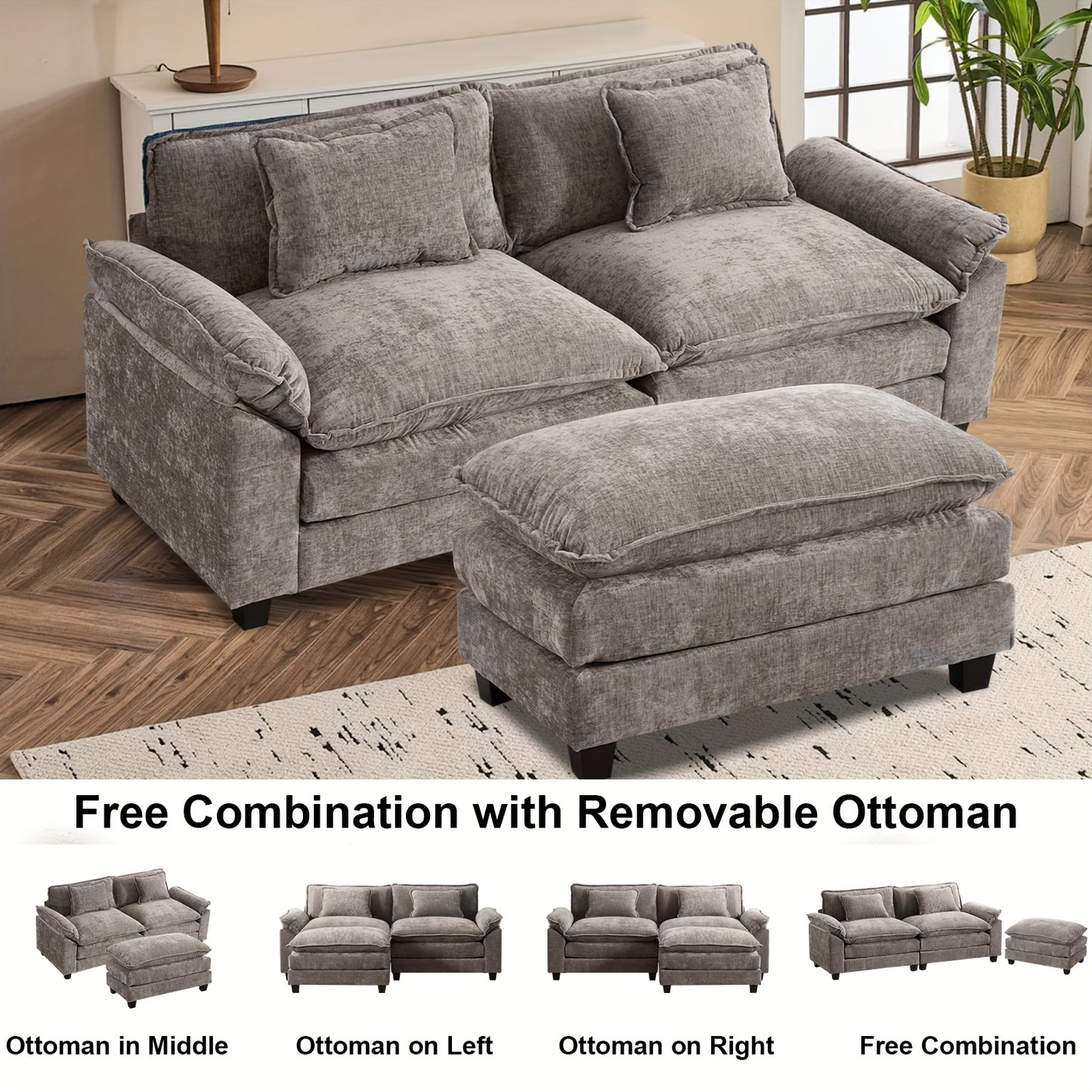 86'' Sectional Sofa, Modular Loveseat Sofa with Ottoman, Chenille Cloud Couch, Upholstered Deep Seat Sofa for Living Room, Apartment