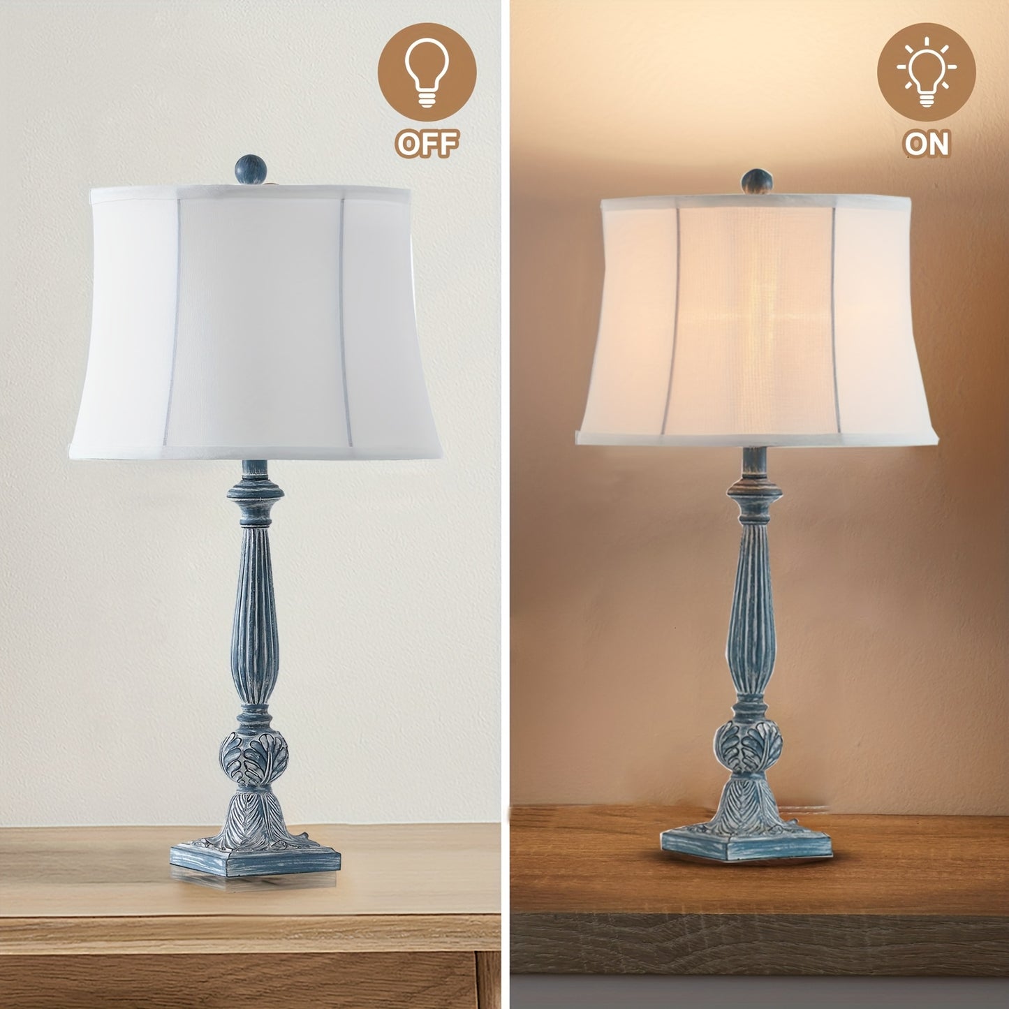 2pcs Farmhouse Table/ Matching Rustic Bedside Lamps - 3-Way Dimmable End Table with Adjustable Knob Dimmer & Bell Shade, Resin Nightstand Lamps Suitable for Living Room, Bedroom, Office