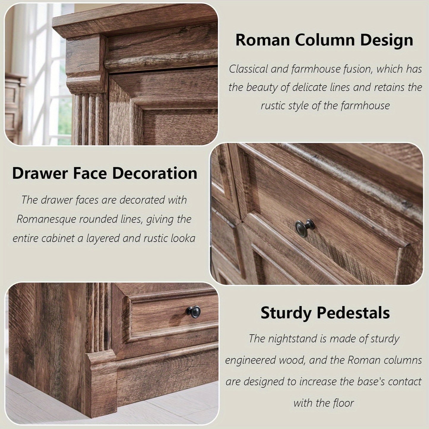 57" Tall Farmhouse Dresser with 7 Drawers, Wooden Storage Chest Featuring Roman Columns for Bedroom Or Hallway | Wooden Decoration