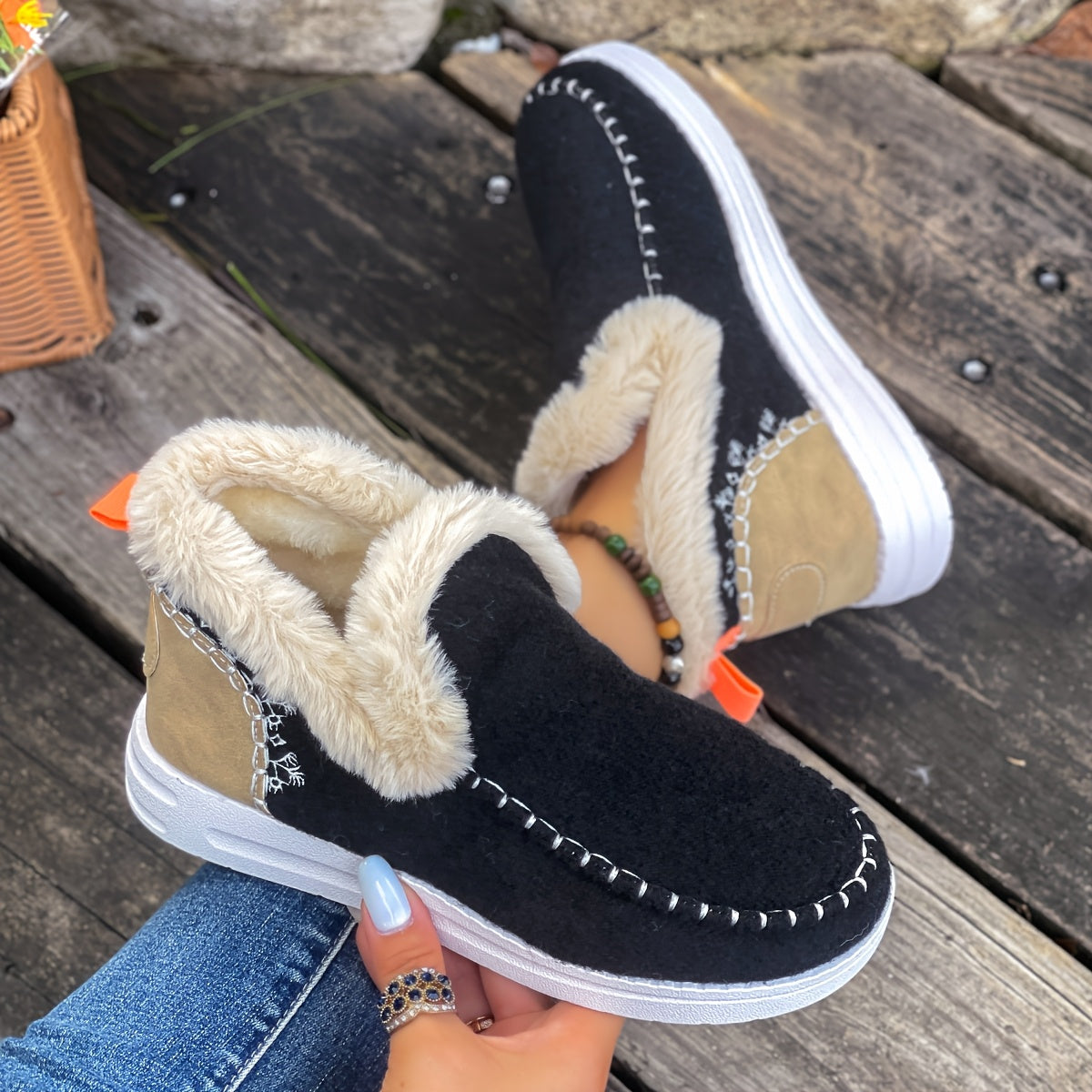 Women'S Plus Size Cozy Plush Slip-On Snow Boots with Soft Rubber Sole - Lightweight Warm Winter Boots with Cushioned Insole, Round Toe & Arch Support, Casual Outdoor Shoes for Cold Weather, Black & Brown (Canvas Lining) - Ide