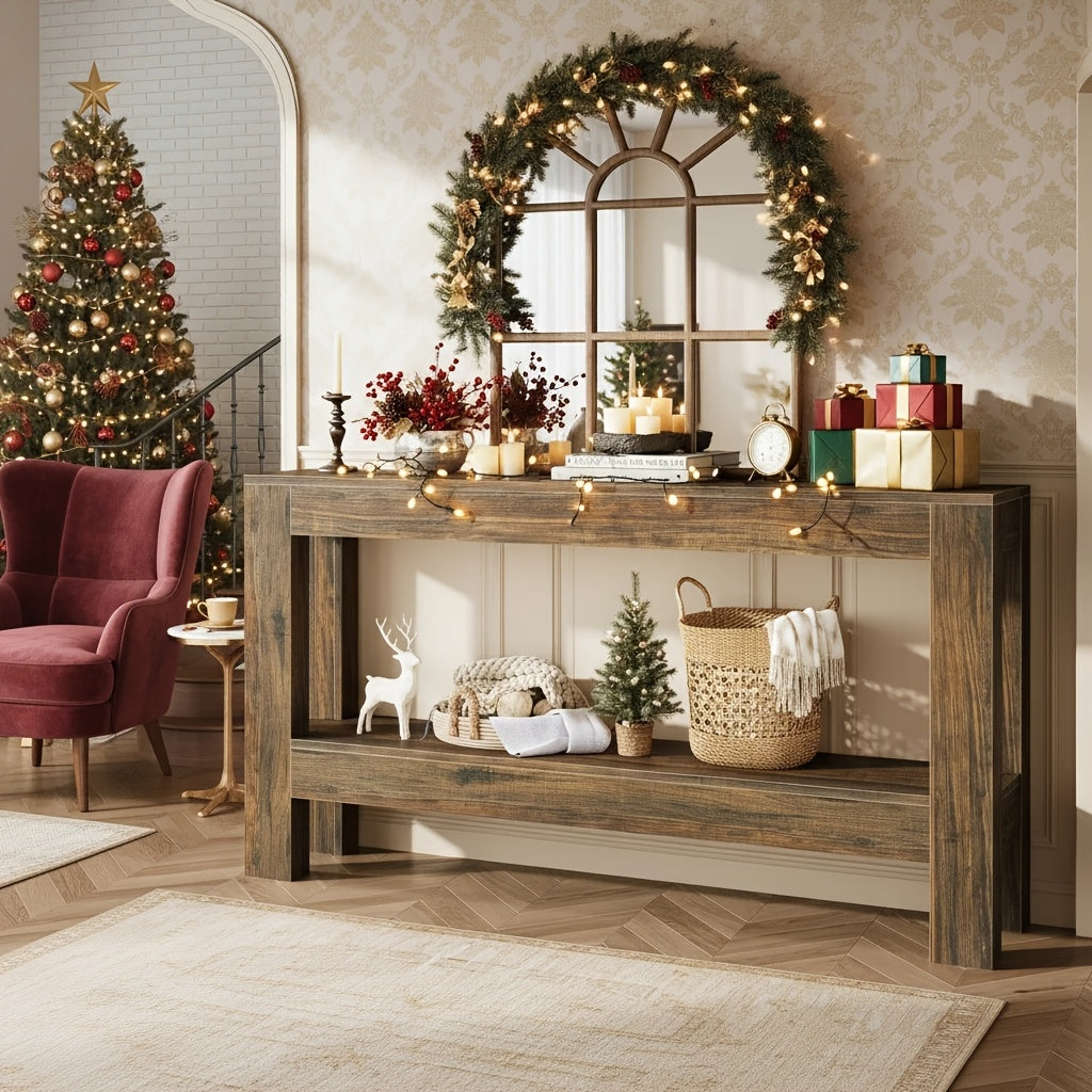 63-Inch Narrow Long Console Table | Farmhouse Wood Entryway Table For Hallway, Sofa, Entry, Entrance, Foyer, Behind Couch With 2-Tier Shelves, Brown, Byblight