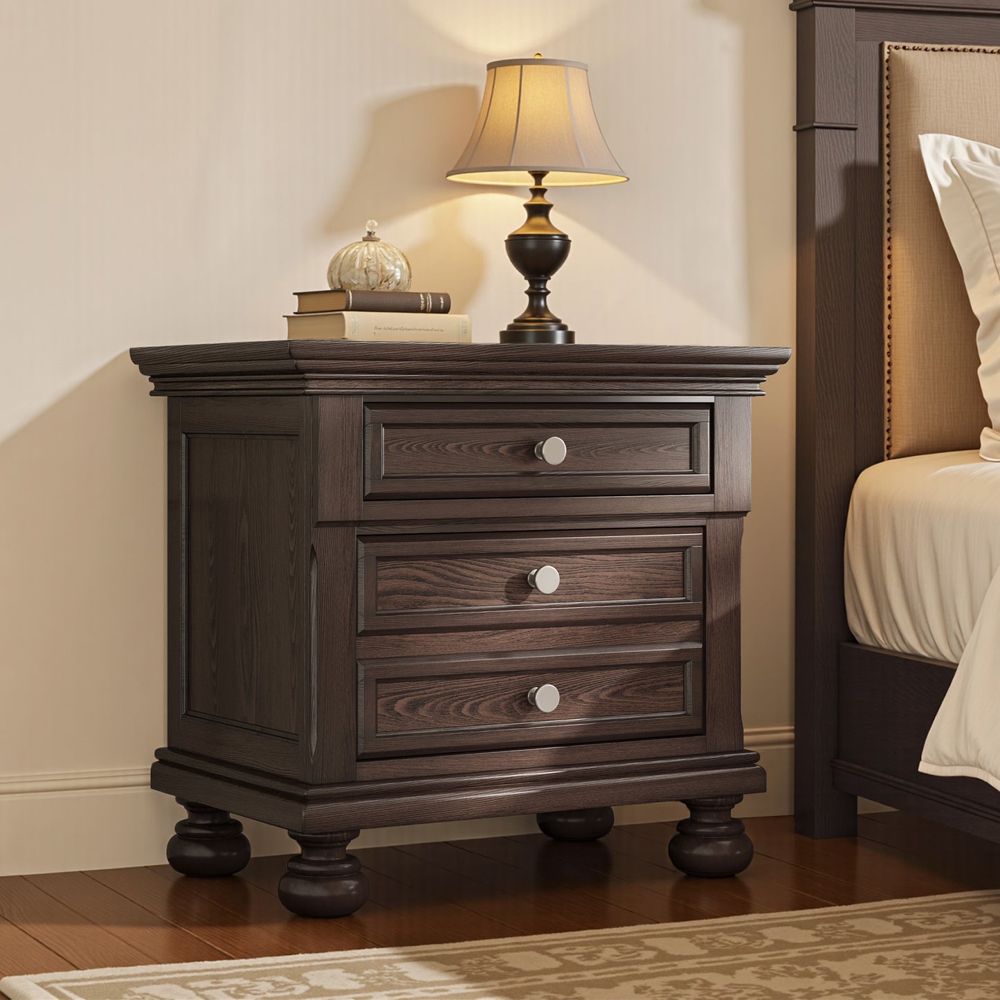 Fully Assembled Solid Wood & MDF Nightstand with 2-Drawer Bedside Cabinet - Extra Large Traditional End Table, Wood Bedside Table, Easy Assembly for Bedroom Storage (Space-Saving Design under 27")