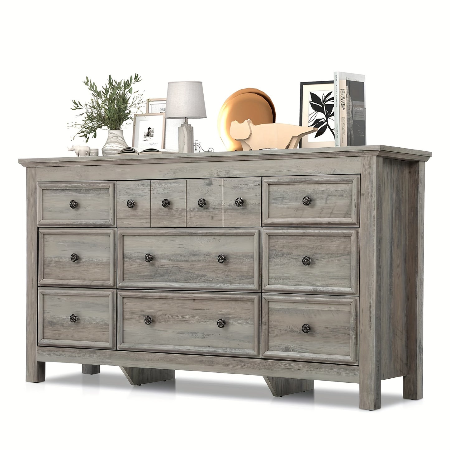 9 Drawers Dresser For Bedroom, 58.3" Wide Wood Farmhouse Rustic Chest Of Drawers With Natural Texture, Smooth Metal Rail, Strong Drawer Bottom Support, Storage Dressers Organizer For Closets, Living Room, Hallway