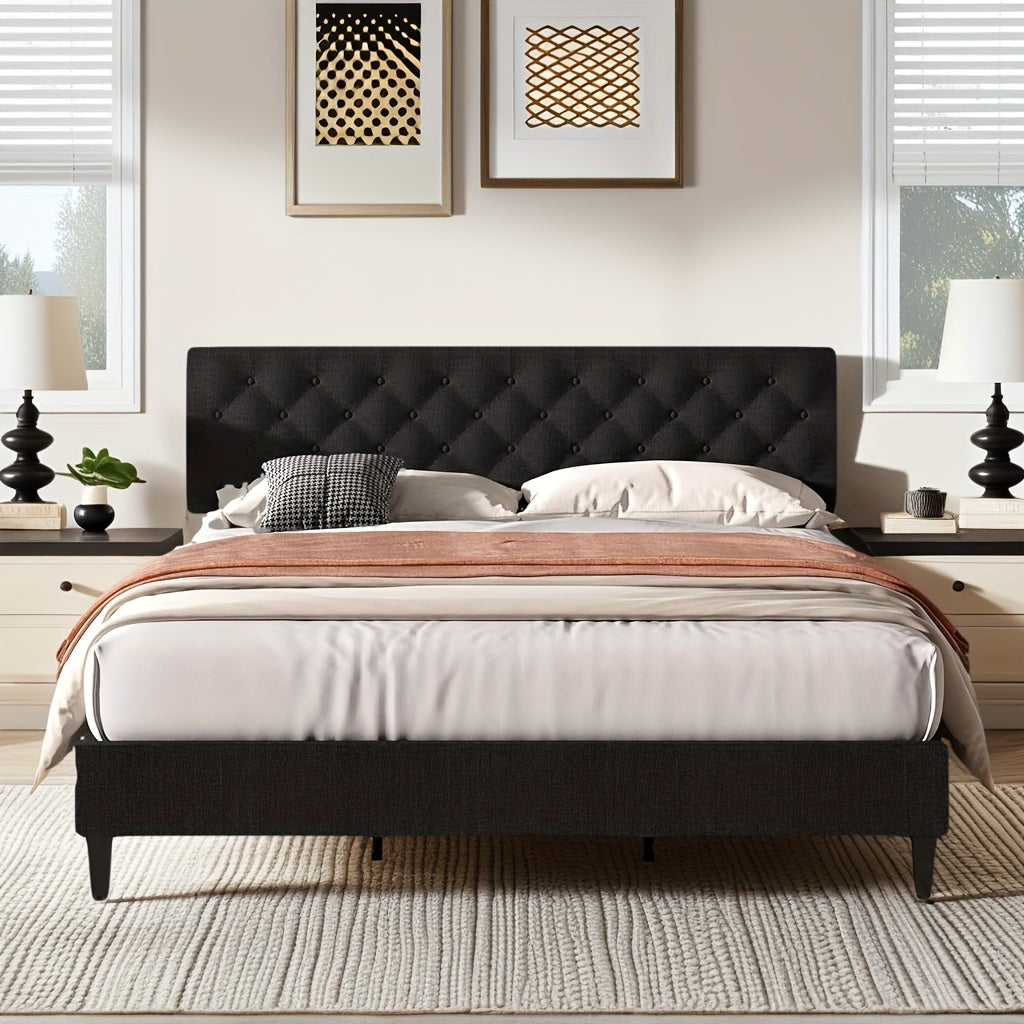 Twin/Full/Queen/King Size Bed Frame With Headboard, Linen Fabric Upholstered Bed Frame With Wood Slats(mattress Not Included), Halloween Decor, Wood Slats For Easy Assembly, Button Tufted, White/Blue/Dark Gray/Light Gray/Pink