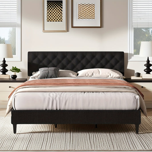 Twin/Full/Queen/King Size Bed Frame With Headboard, Linen Fabric Upholstered Bed Frame With Wood Slats(mattress Not Included), Halloween Decor, Wood Slats For Easy Assembly, Button Tufted, White/Blue/Dark Gray/Light Gray/Pink