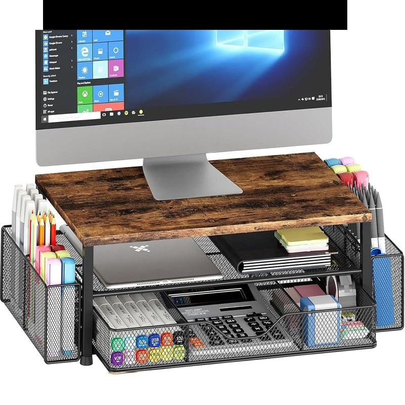 Desk Organizer And Accessories, 2-Tier Computer Monitor Stand Riser with Drawer And 2 Pen Holders, Laptop Stand, Printer Stand, Office Desk Accessories for Office Supplies, Black