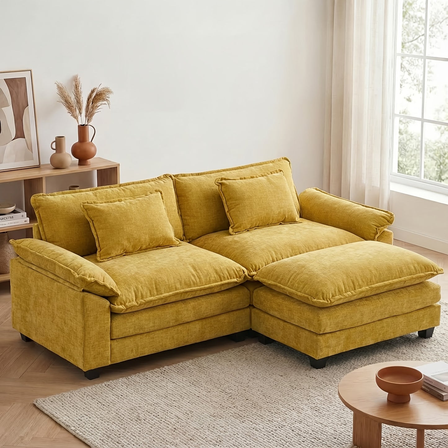 86'' Sectional Sofa, Modular Loveseat Sofa with Ottoman, Chenille Cloud Couch, Upholstered Deep Seat Sofa for Living Room, Apartment