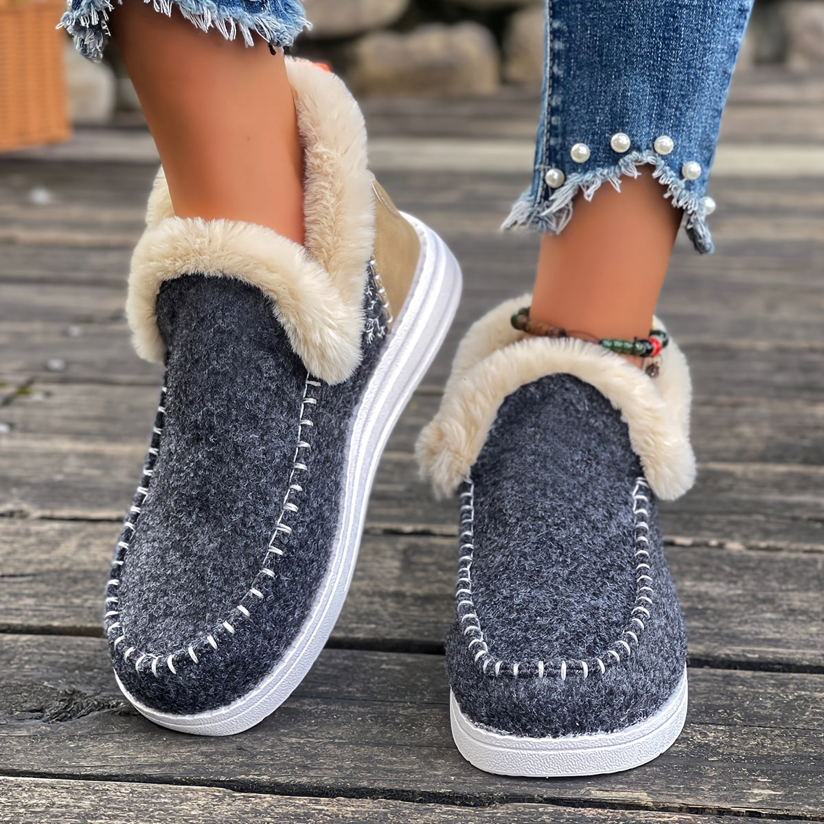 Women'S Plus Size Cozy Plush Slip-On Snow Boots with Soft Rubber Sole - Lightweight Warm Winter Boots with Cushioned Insole, Round Toe & Arch Support, Casual Outdoor Shoes for Cold Weather, Black & Brown (Canvas Lining) - Ide