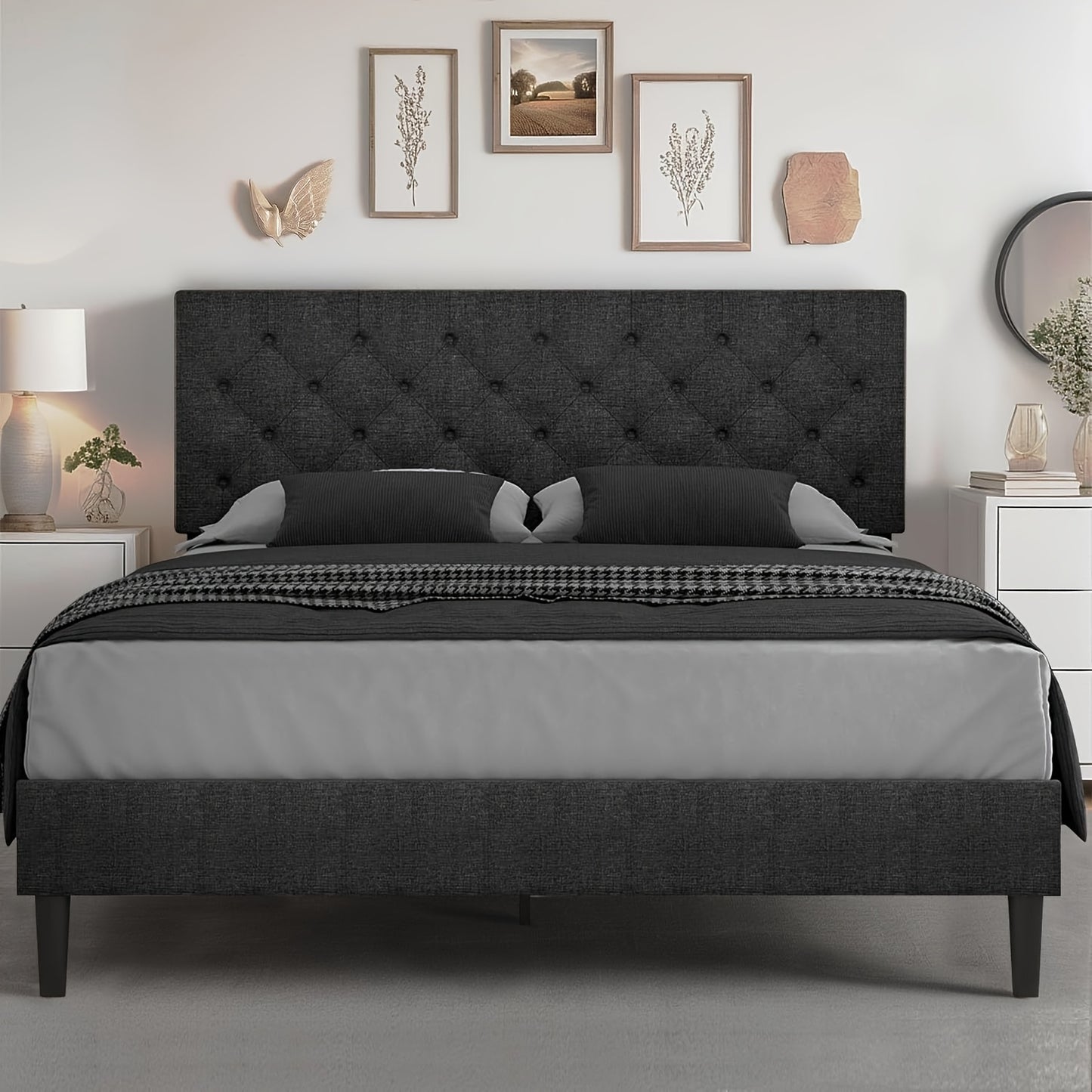 Twin/Full/Queen/King Size Bed Frame With Headboard, Linen Fabric Upholstered Bed Frame With Wood Slats(mattress Not Included), Halloween Decor, Wood Slats For Easy Assembly, Button Tufted, White/Blue/Dark Gray/Light Gray/Pink