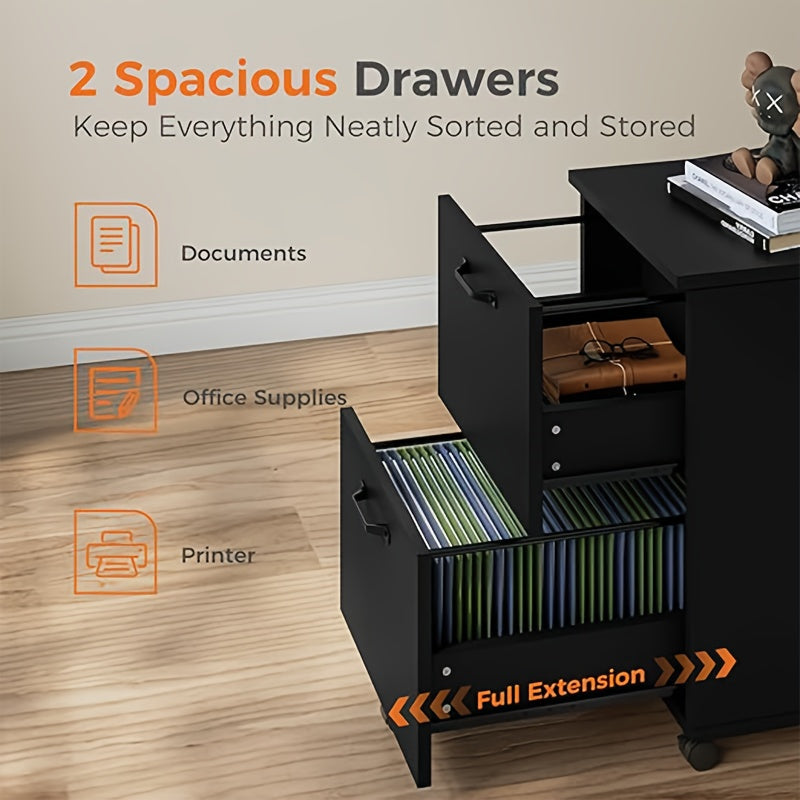 2 Drawer Filing Cabinet White, Rolling Wood File Cabinets with Printer Stand Under Desk Storage Lockable Wheels, Home Office Organizer for A4 Letter Legal Size Documents, Black/White