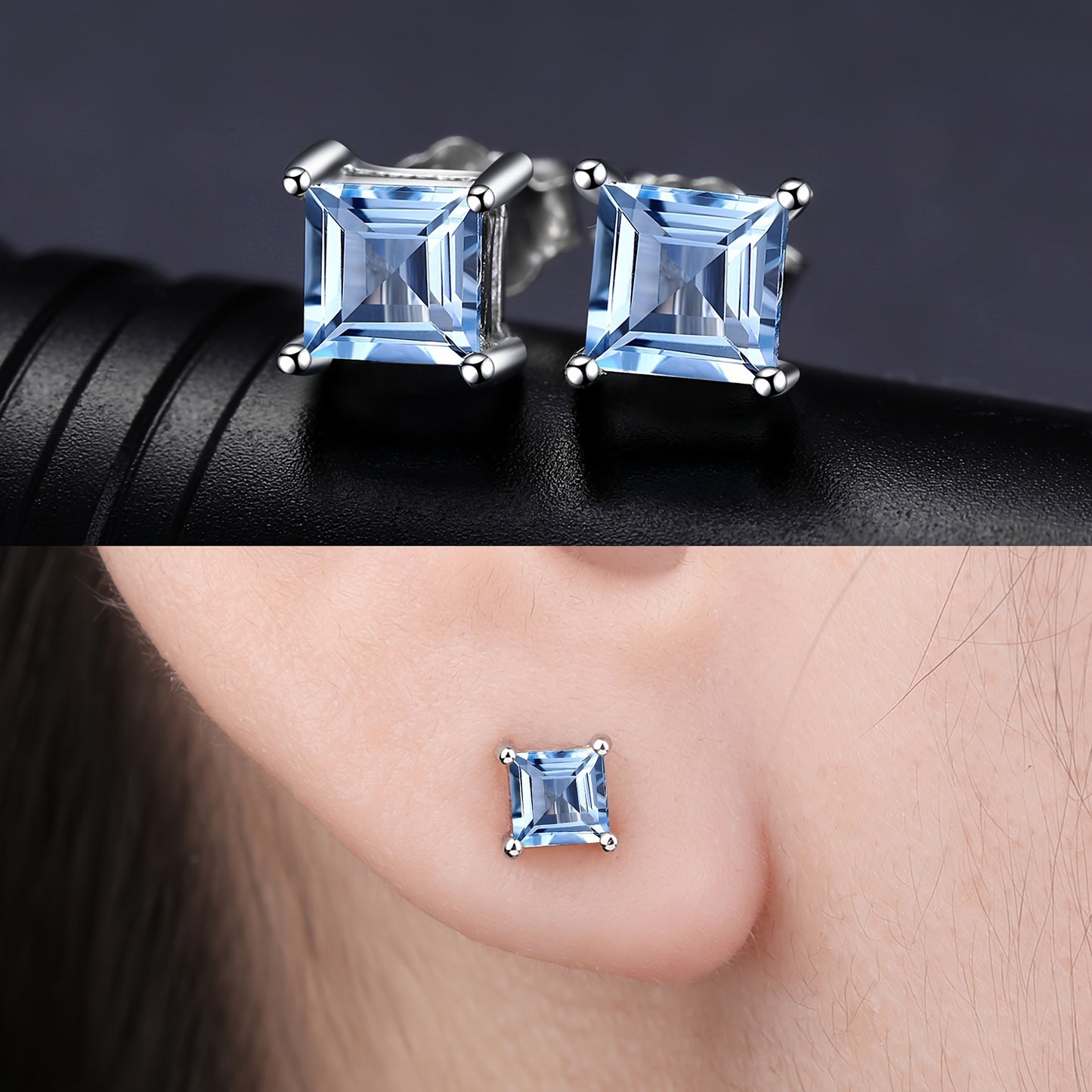 A Pair of 925 Sterling Silver Stud Earrings Featuring a Simple Yet Elegant Classic Design, Adorned with Exquisite Multi-Faceted Square Cut Natural Gemstones Including Amethyst, Citrine, Garnet, Peridot, Topaz, Created, Sapphi