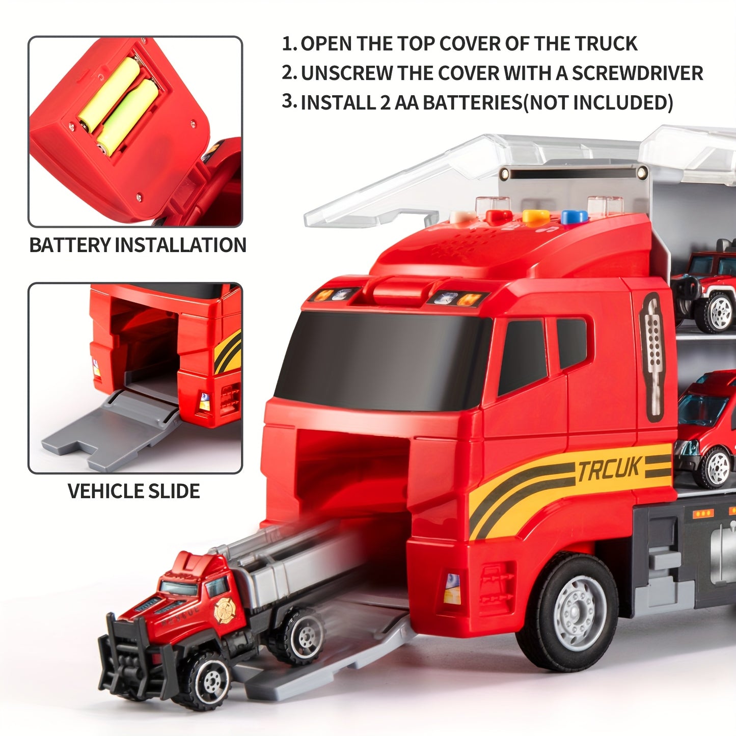 Die-Cast Metal Fire Truck Toy Set with Play Mat - Red & Black Carrier Truck, 4 Fire Engines, 2 Ladder Trucks, and 2 Rescue Vehicles - Perfect Christmas or Birthday Gift for Boys & Girls Ages 3-6, Fire Truck Toy, Playful Desig
