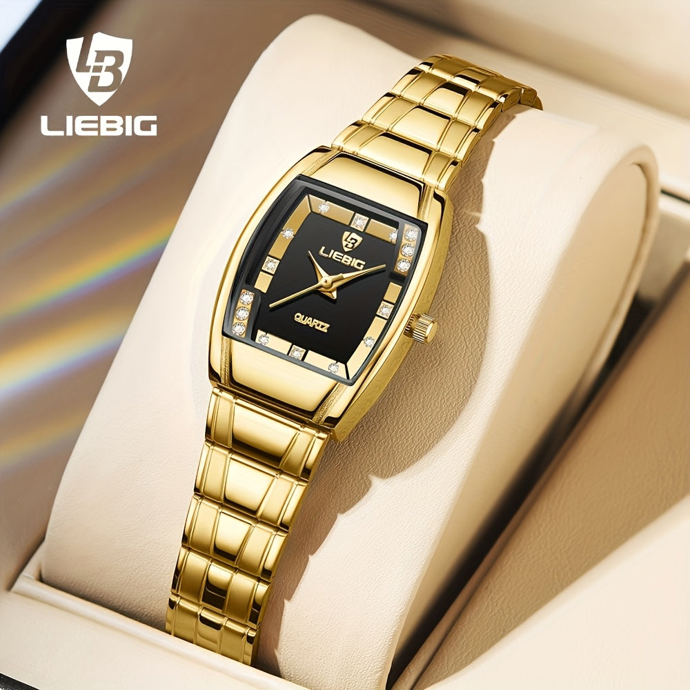 LIEBIG Luxury Women's Quartz Watch - Elegant Golden-Tone Stainless Steel Band, Black Dial with Gemstones, up to 1181.1 inch, World Time Feature, Oval Case, Perfect for Parties & Gifts, LIEBIG