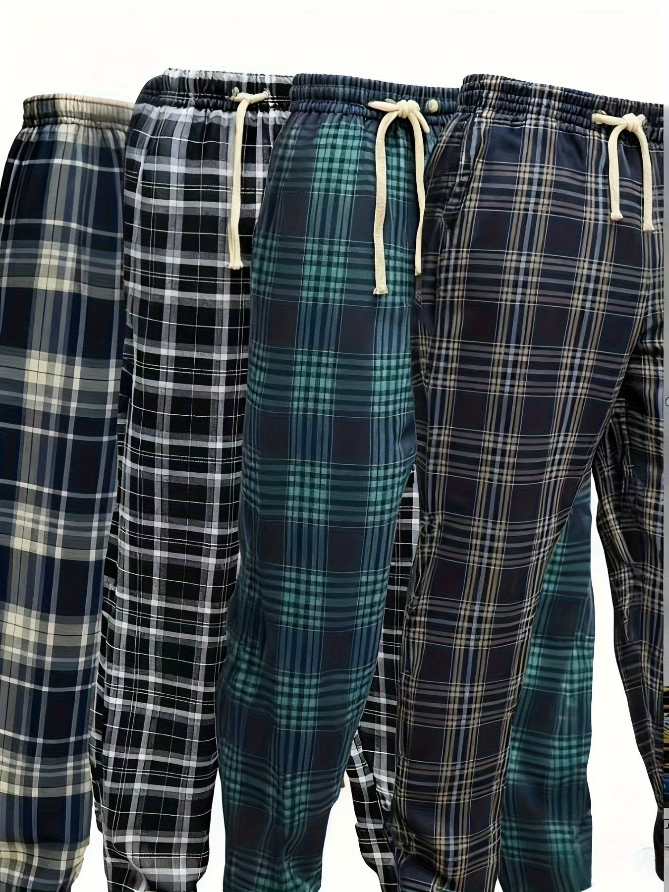 4-Pc Men'S Casual Plaid Pants - Non-Stretch Trousers with Drawstring Waist, Regular Fit All-Season Formal & Everyday Pants for Office, Casual Attire - Available in