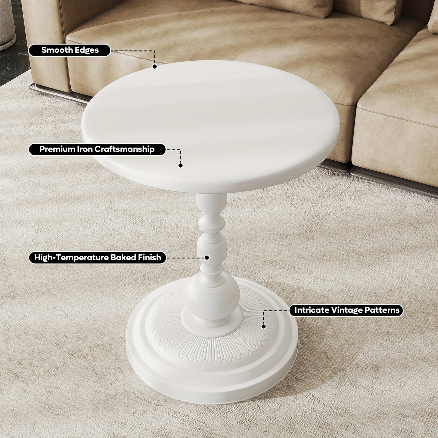 PINMOCO Round Metal Side Table - Anti-Rust & Waterproof Small Coffee Table with 3, 2 Cu Ft Storage, Lightweight Sturdy Design for Living Room, Bedroom, Balcony - Black/White/Pink, No Assembly Required, Coffee Table for Living