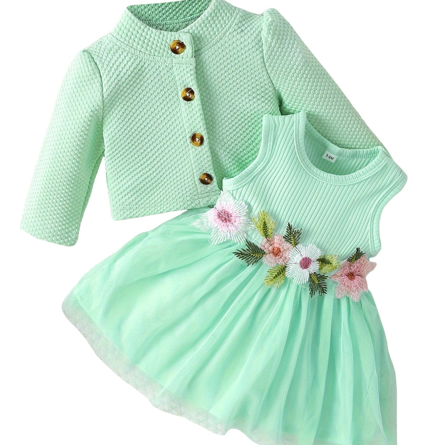 Baby Girl Fall Outfit, Long Sleeve Cardigan Coat Flower Embroidery Tulle Tank Dress 2pcs Set, for Outdoor