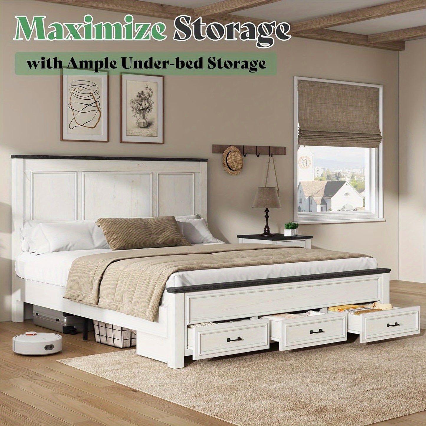 Wooden Platform Bed Frame Featuring a Tall 52.2" Headboard And Footboard, Along with Two Spacious Storage Drawers.