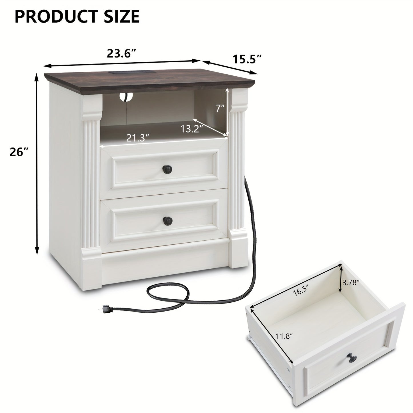 Set of Two 26-Inch Tall Farmhouse Nightstands Featuring Two Drawers And a Charging Station, a Large 23.6-Inch Wide Side Table with a Roman Column Design, a Rustic Wooden Sofa Table with an Open Shelf, And a Bedside Table Suit