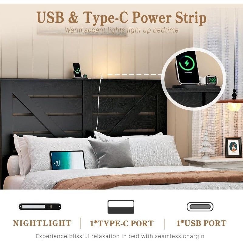 King Size High Bed Frame Black Color | Heavy Metal Bed Frame and Imitation Wooden Headboard, Easy and Easy to Assemble, With USB Charging Station and Night Light Function, Free Home Delivery (no Mattress)