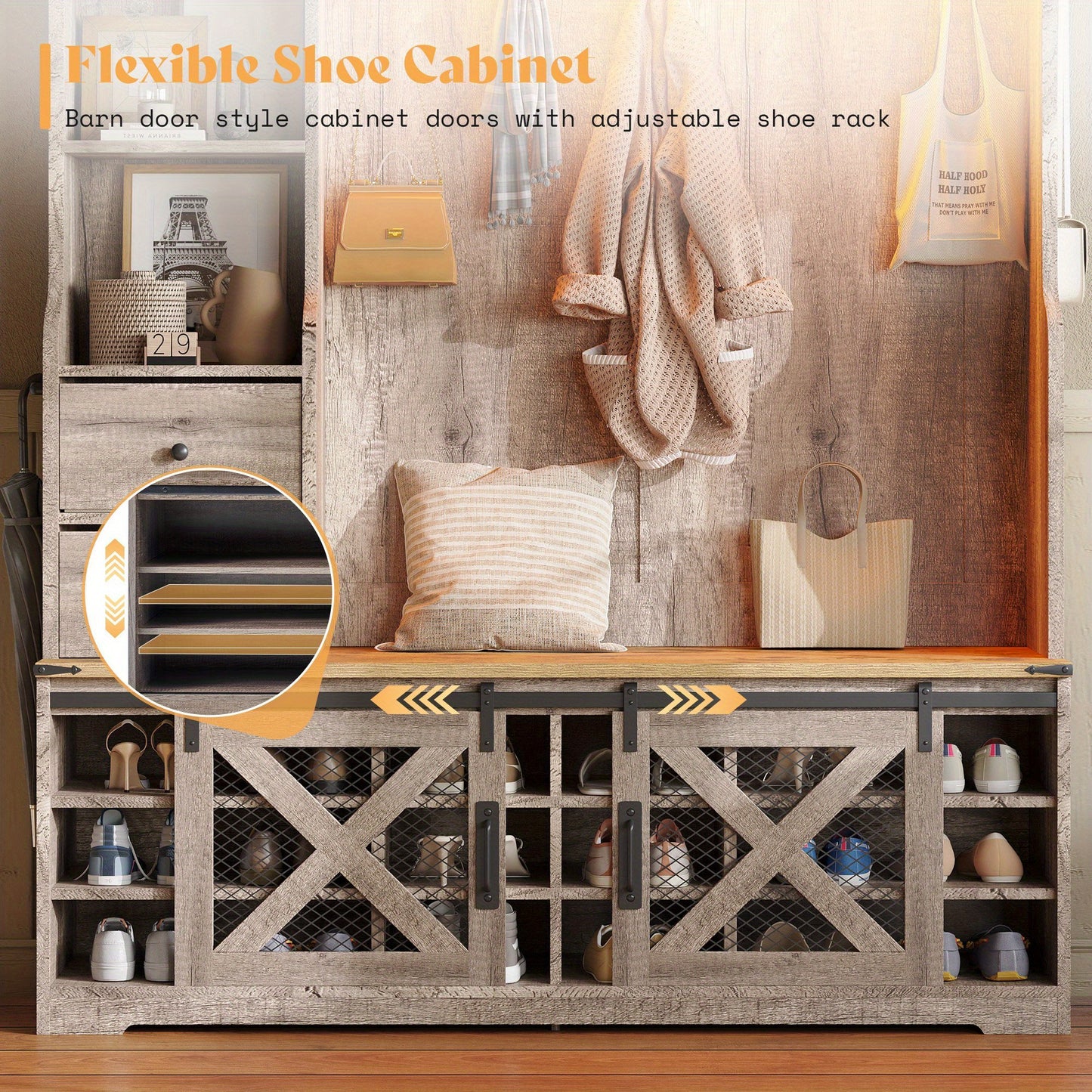 7-in-1 Farmhouse Hall Tree with Bench and Shoe Cabinet, LED Entryway Organizer with Drawers, 12 Shoe Cubbies& Barn Doors, 7 Coat Racks with Shoe Storage