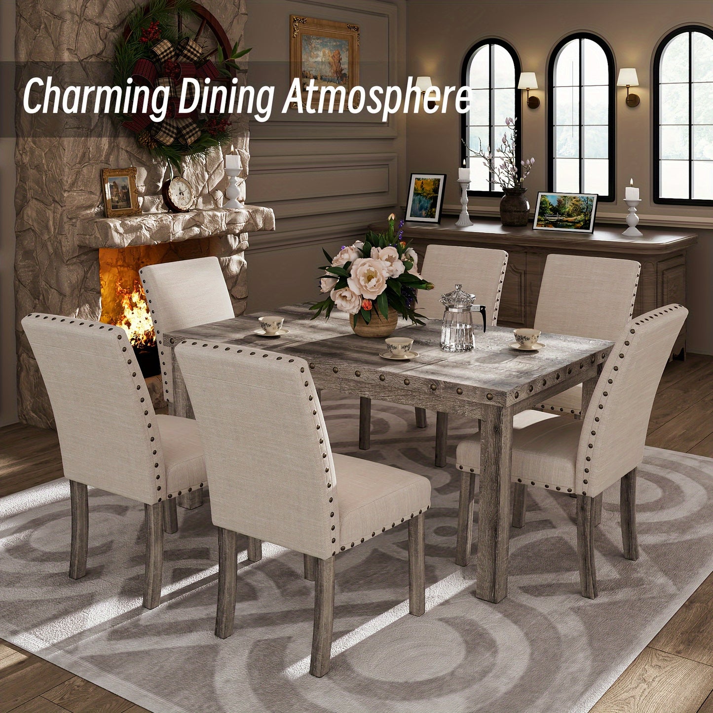 7/5pcs Rustic Modern Farmhouse Dining Table and Chair Set Suitable for Spacious Dining Rooms, Entertaining - Solid Wood & MDF Table with Sturdy Legs, Assembly, Wood Grain, Tableset for,, or Use