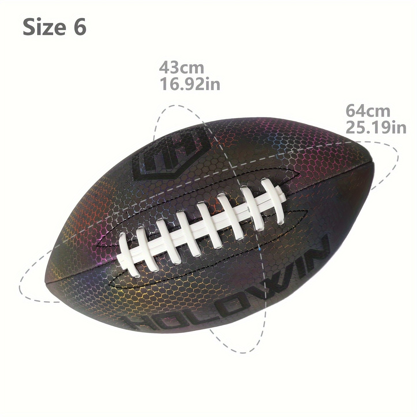 1 Reflective Holographic Football - Glows in the Dark, PU Material, Black with Colorful Iridescent Finish & "HW" Logo - Ideal for Night Games, Halloween, Youngsters' Night, Christmas, Thanksgiving & New Year Gifts