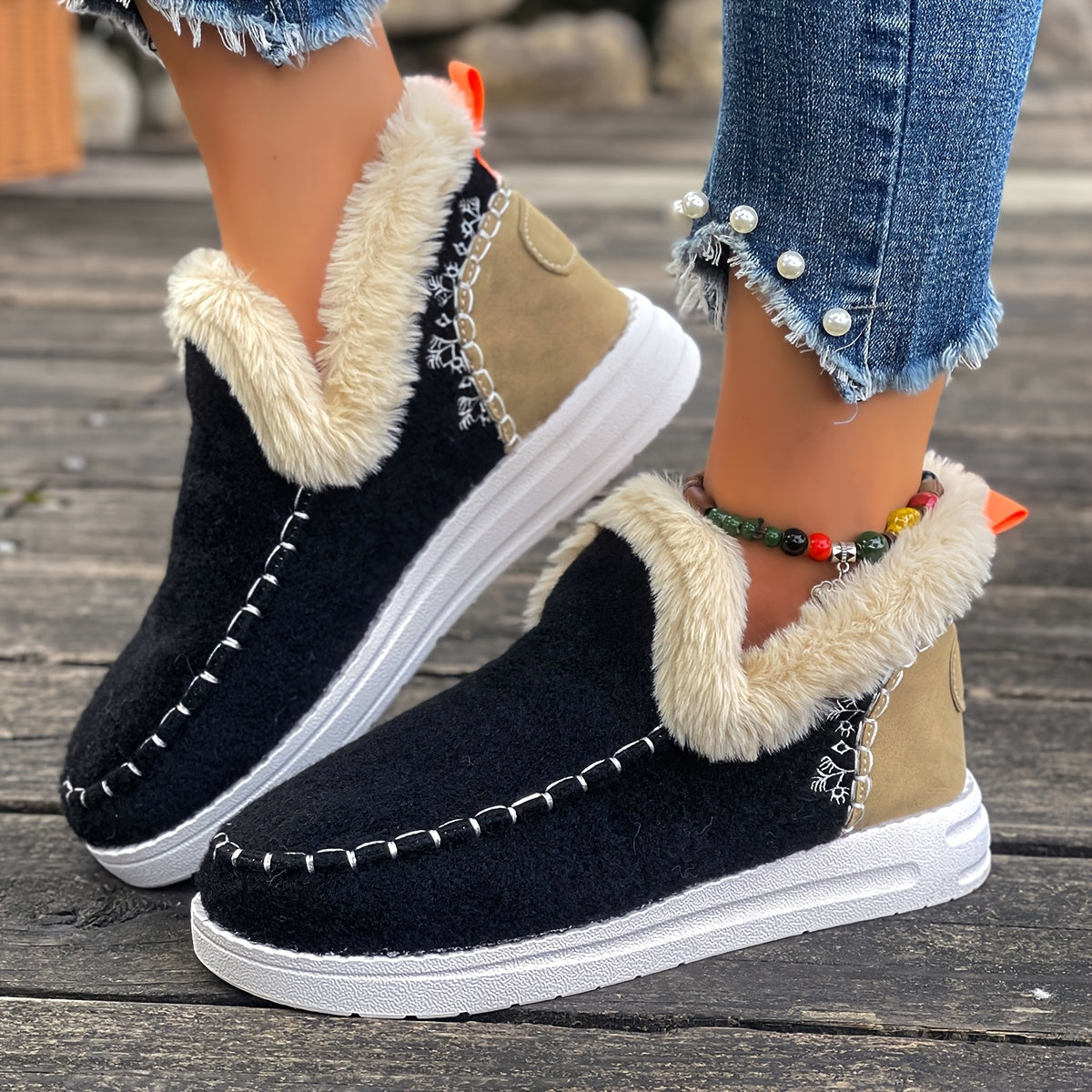 Women'S Plus Size Cozy Plush Slip-On Snow Boots with Soft Rubber Sole - Lightweight Warm Winter Boots with Cushioned Insole, Round Toe & Arch Support, Casual Outdoor Shoes for Cold Weather, Black & Brown (Canvas Lining) - Ide