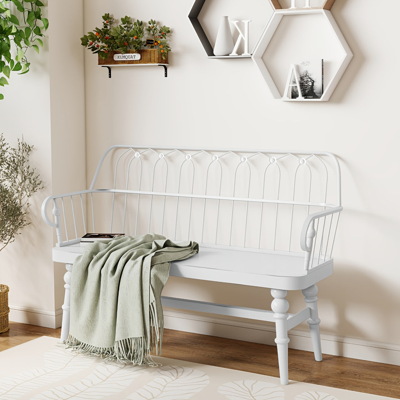 Rustic Farmhouse Entryway Bench with Backrest - Solid Hardwood & MDF Construction, 27" Tall Freestanding Bench with Armrests, Mixed Color Finish for Living Room, Mudroom, Entryway Storage, Entryway Bench, Mudroom Furniture, C