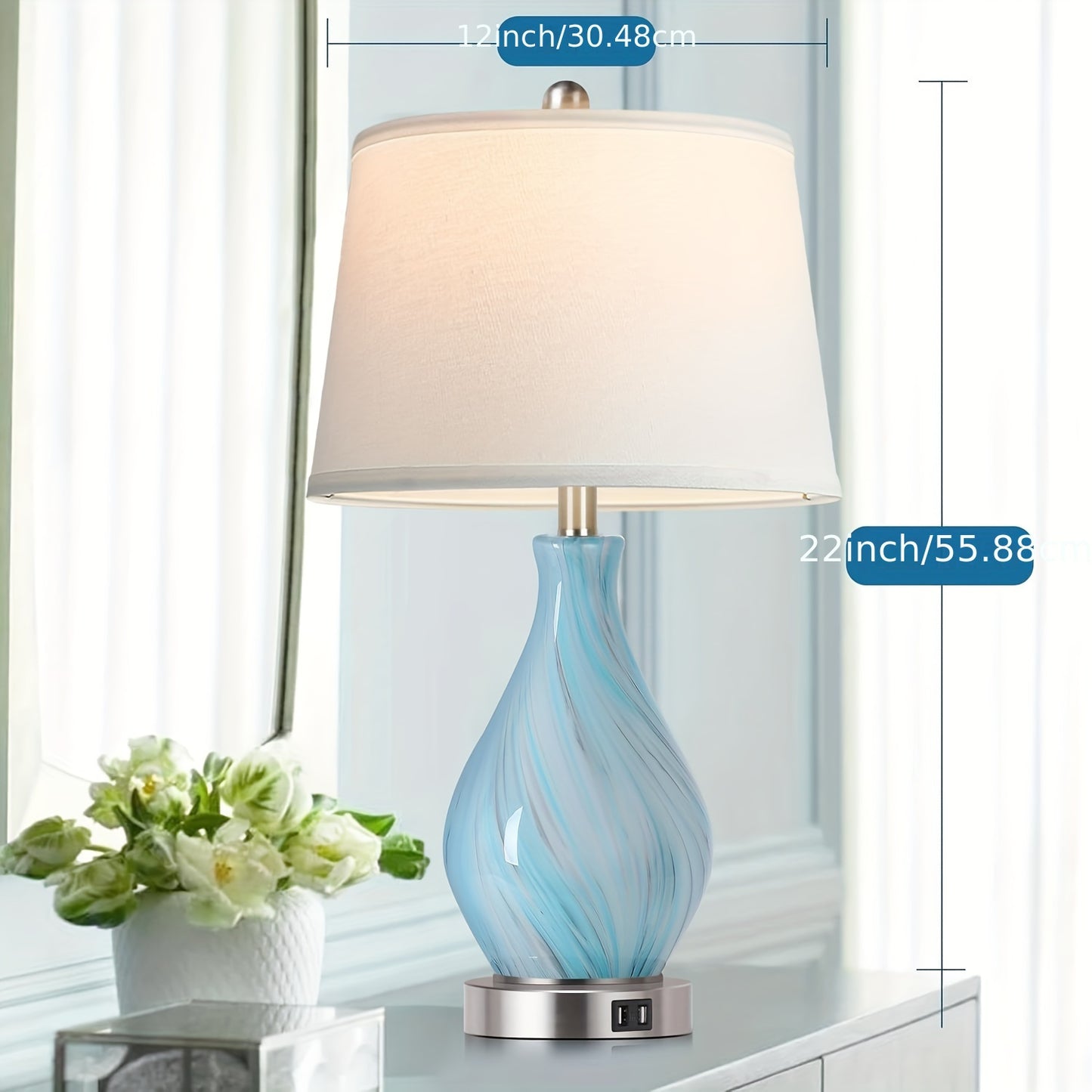 Table Lamp Set Of 2 Touch Control, 22" Faded Swirl Blue Gray Art Glass With USB Ports