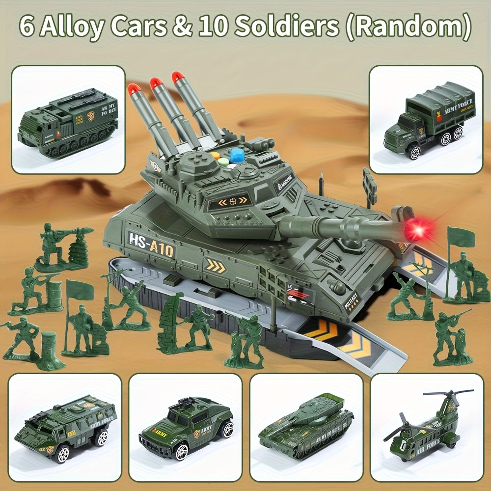 A Military Vehicle Set, Featuring Combat Tank Toys with Realistic Lights And Sounds, Includes 6 Mini Alloy Military Vehicles And Soldier Figurines, Making It a Perfect Gift for Kids.
