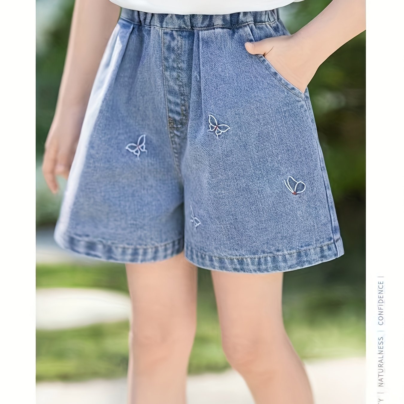 Girls' Blue Denim Shorts with Butterfly Embroidery - No-Iron Short-Cut Capri Length, Elastic Waist & Belt-Free Design - Soft Breathable ' Jeans for Summer Play, Casual Outfits ( to Teen) - Durable Everyday Shorts, Shorts For