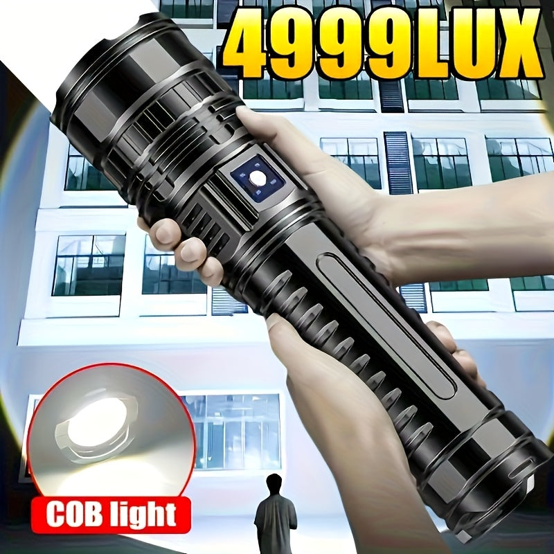 Tactical Rechargeable LED Flashlight with COB Light - Long-Range Spotlight, -C Fast Charging, - Power Bank, Durable IP-like Black Cylindrical Design & Cable Included for Camping, Emergency, Outdoor, Headlamp (Type-C Charging