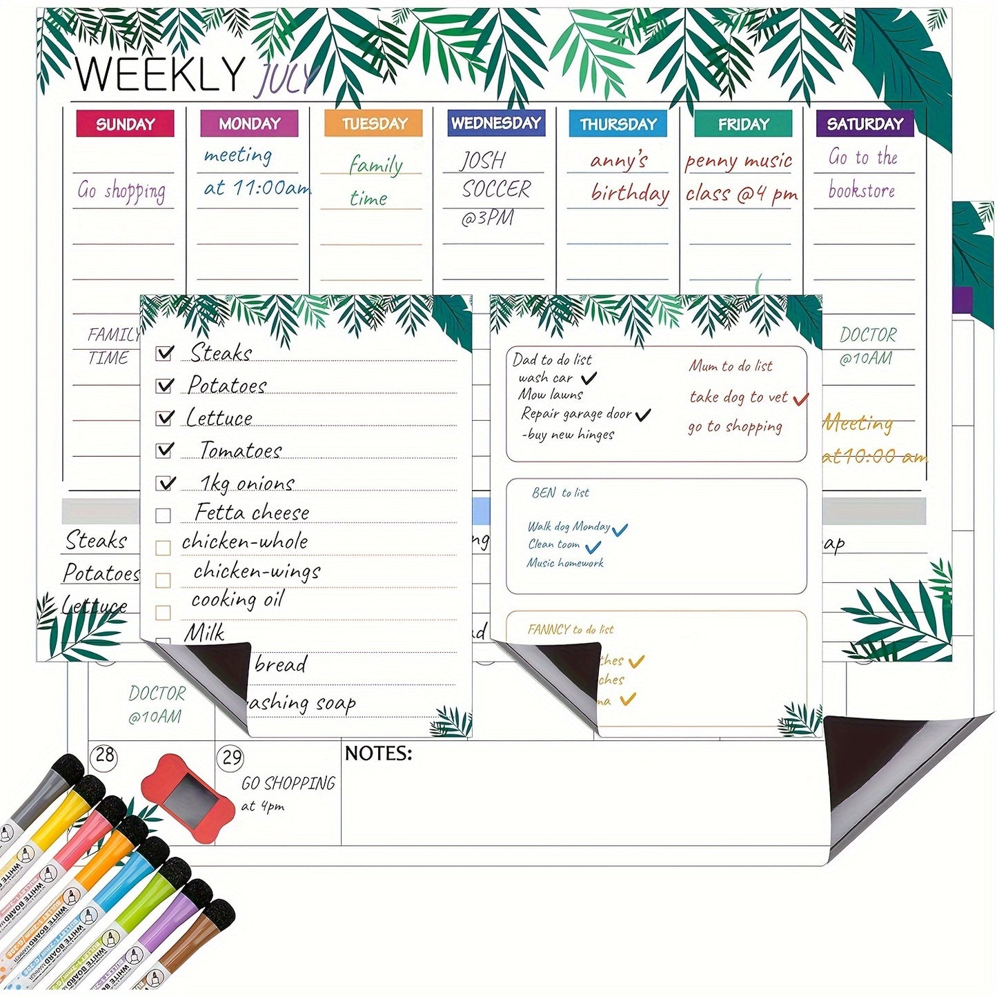 Hivillexun Dry Erase Calendar Whiteboard. Set of 4 Magnetic Calendars for Refrigerator, Monthly, Weekly Organizer & Daily Notepad. Wall & Fridge Family Calendar. 8 Markers 1 Eraser