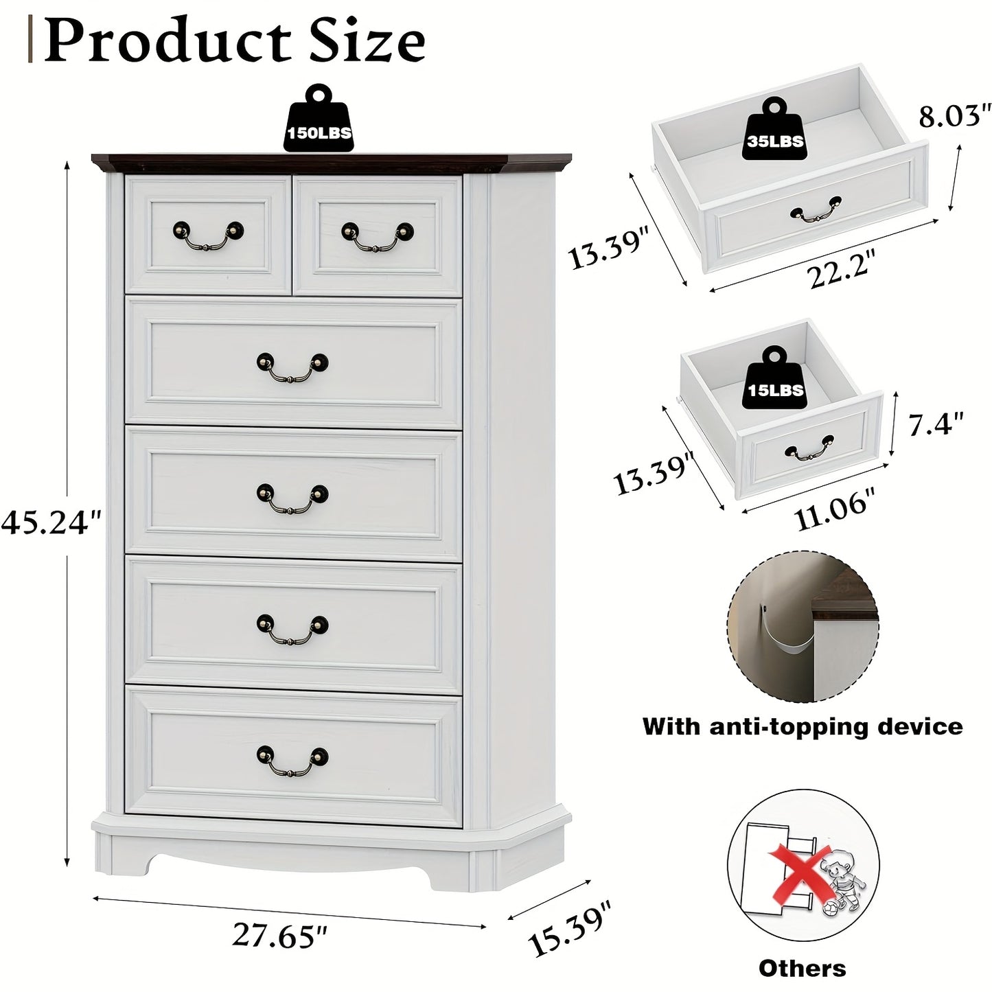 6-Drawer Vintage Dresser - Tall -Standing Chest of Drawers Suitable for Bedroom, Living Room, Hallway - & MDF, Space-Saving Vertical, Furniture Piece with Ample Organization Space