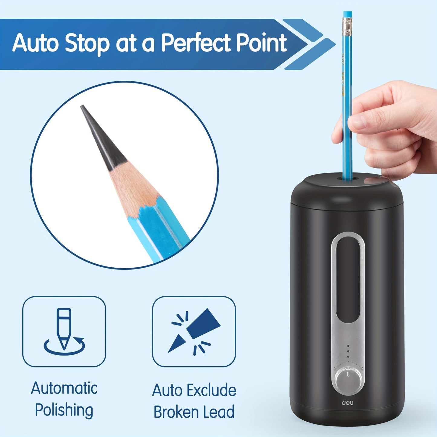 Halloween Gifts Deli Electric Pencil Sharpeners, 5 Sharpening Settings for 7-12Mm Pencils, Auto Stop, USB And Battery, Heavy Duty Sharpeners for Home And Office, Black