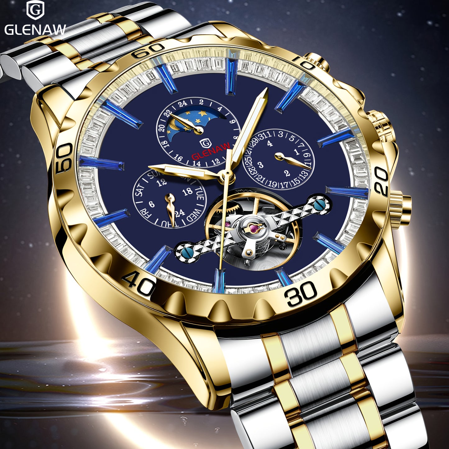 Automatic Men's Watch With Stainless Steel Strap, Multifunctional Men's Watch With Hollow Automatic Winding Mechanical Watch, Displaying Date, Day Of The Week, Month, And Stars.