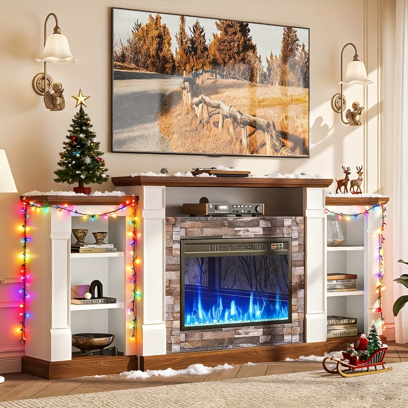 70-inch TV Stand With An Electric Fireplace And Mantel, A Contemporary Entertainment Unit Offering Open Storage, Remote Control, Adjustable Flames, And LED Lighting, Suitable For Living Rooms And Bedrooms And An Excellent New