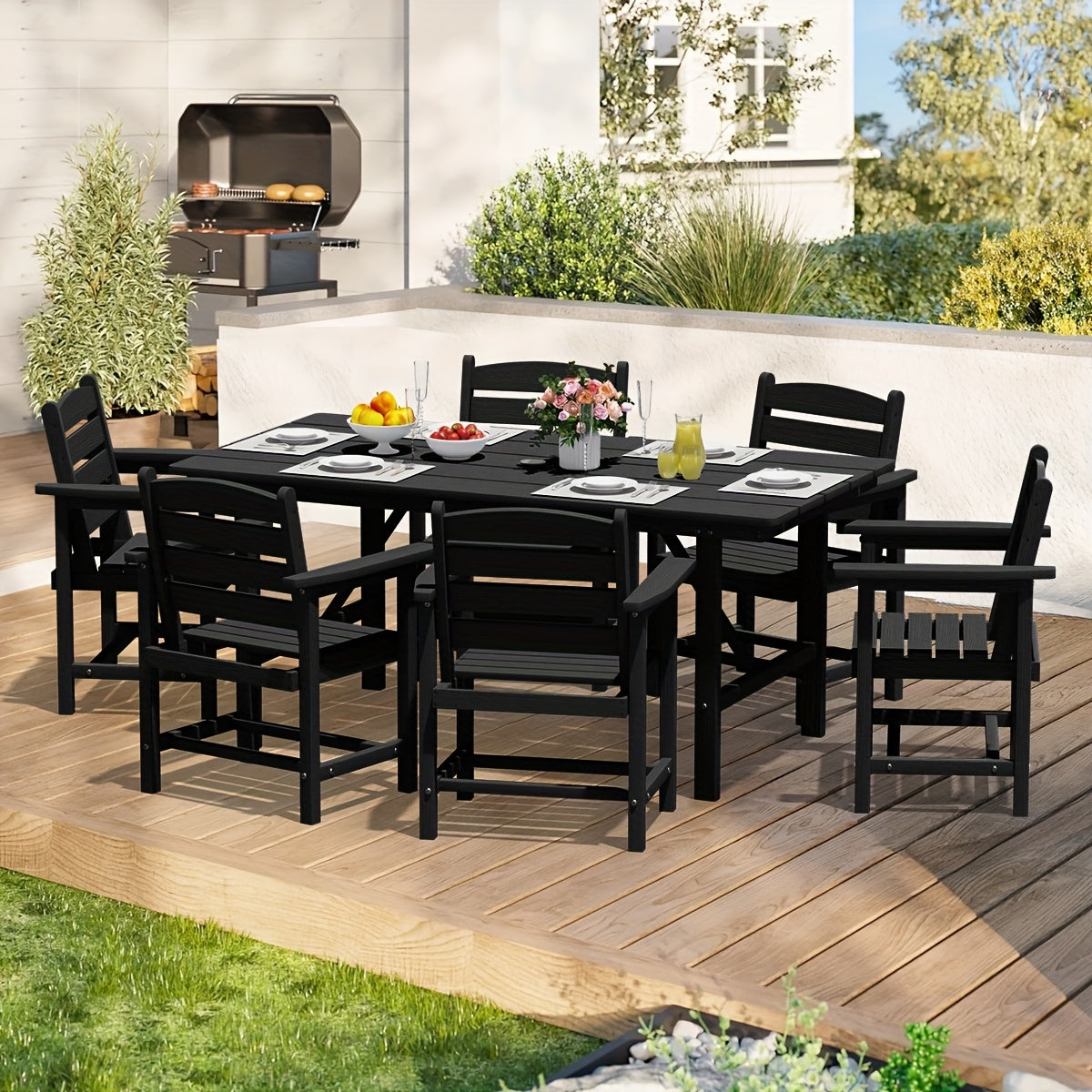 Outdoor HDPE Dining Set, 7pcs Outdoor Furniture with Large Table& 6 Chairs, All-Weather Patio Dining Set for Lawn, Garden, Backyard, Poolside
