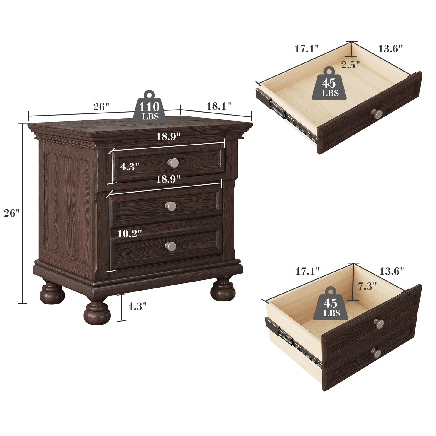 Fully Assembled Solid Wood & MDF Nightstand with 2-Drawer Bedside Cabinet - Extra Large Traditional End Table, Wood Bedside Table, Easy Assembly for Bedroom Storage (Space-Saving Design under 27")