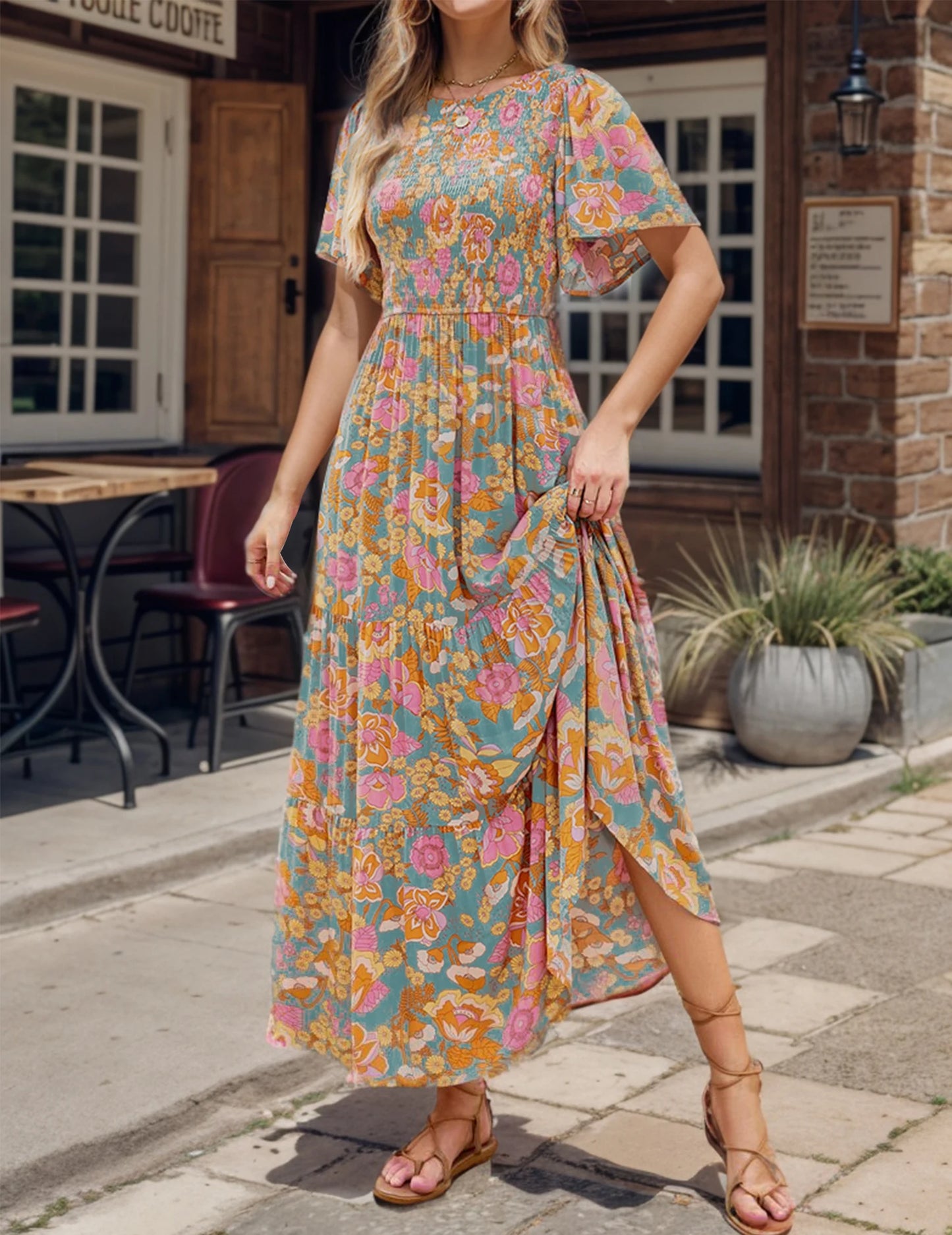 Casual Pastoral Style Floral Print Dress Long, Crewneck Short Sleeves High Waist Wide Ruffle Hem, Woman's Clothing