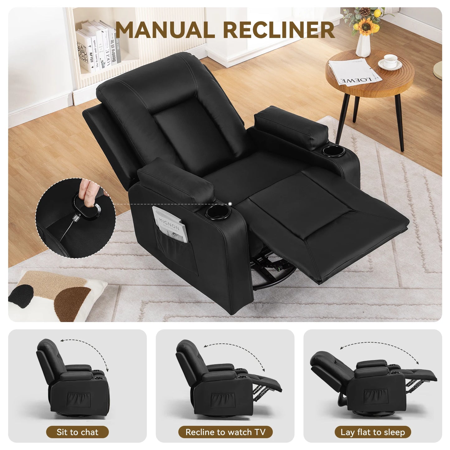 Comhoma Recliner Chair, Pu Rocking Chair for Adults, Swivel Recliner with Cup Holders, Heat and Massage