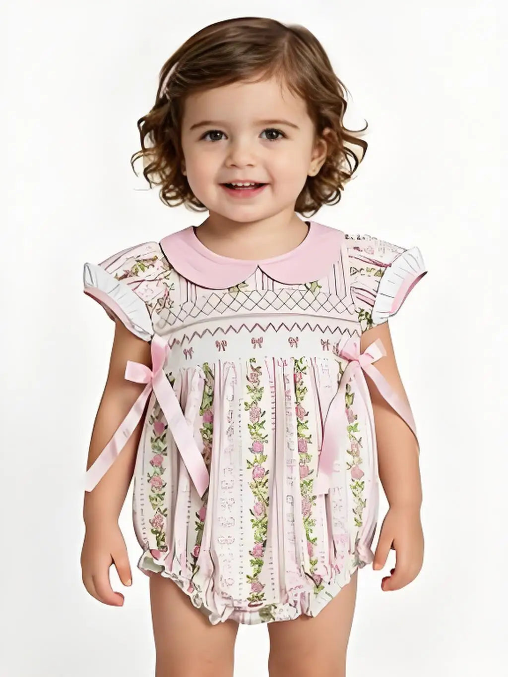 Baby Girls Summer Romper Short Sleeves Pink Bow Floral Print Cute Infant Outfit for Girls