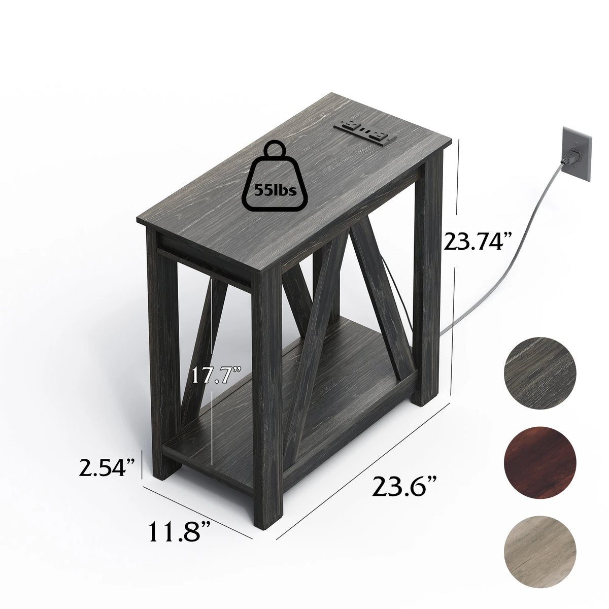 End Tables Living Room Set of 2 with Charging Station, Sofa Side Tables with Open Storage Shelf, Slim Farmhouse End Table Sets, Charcoal Black