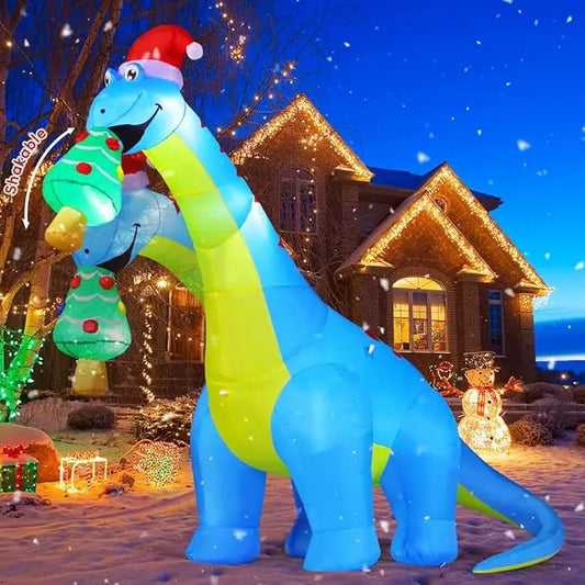 GOOSH 10FT Christmas Inflatables Outdoor Decorations, Blow Up Dinosaur Eat Christmas Tree Shake Dinosaur with Built-in LEDs