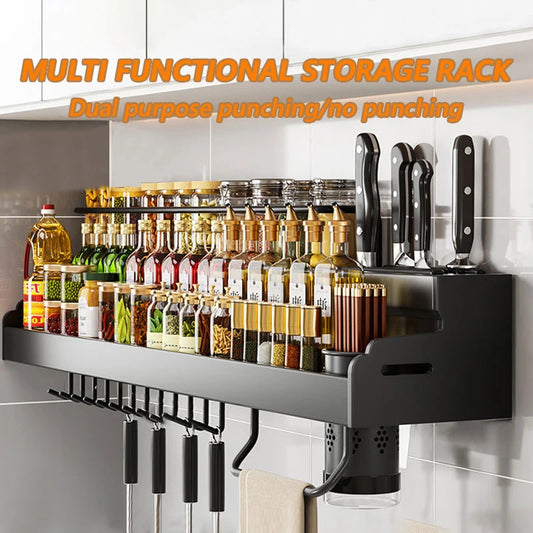 1pc wall-mounted metal kitchen rack, non-perforated kitchen storage rack, it has a knife rack and a hook for tableware