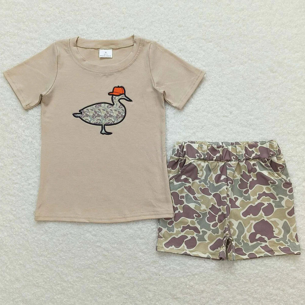 New Fashion Baby Boys Clothes Khaki Camo Embroidery Duck Short Sleeve Shirts Shorts Clothes Sets Boutique Boys Clothes Outfits