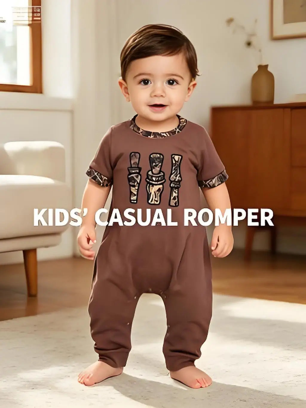 Baby Infant Boys Camo Duck Call Brown Short Sleeve Rompers