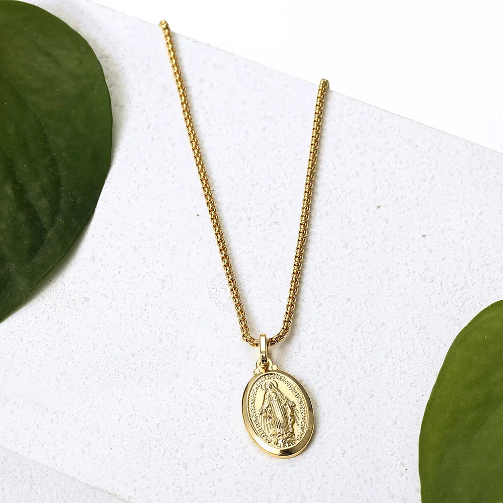 2mm Oval Virgin Mary Pendant Necklace for Men Women Jewelry Trendy Gold Color Box Link Chain Necklace Chain