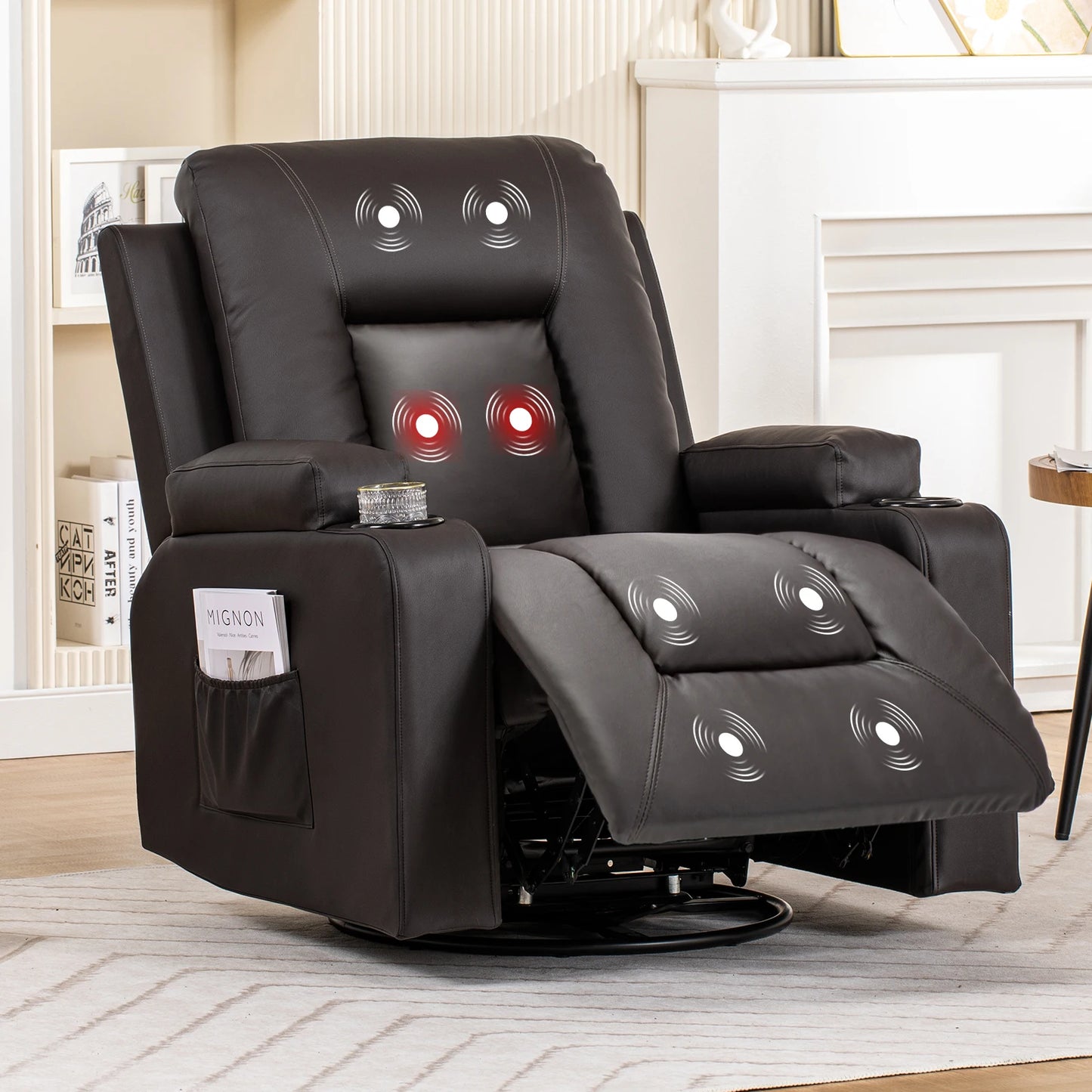 Comhoma Recliner Chair, Pu Rocking Chair for Adults, Swivel Recliner with Cup Holders, Heat and Massage